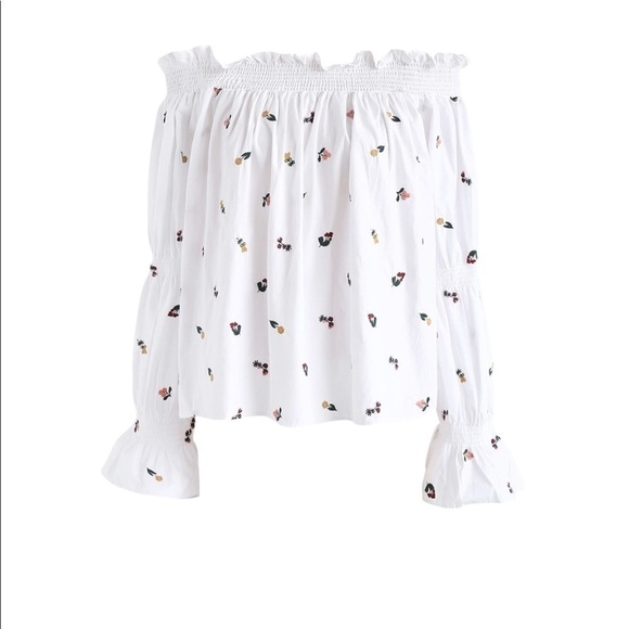 Zara Off the Shoulder White Floral Embroidered Long Ruffle Sleeve Boho Top - Picture 6 of 11